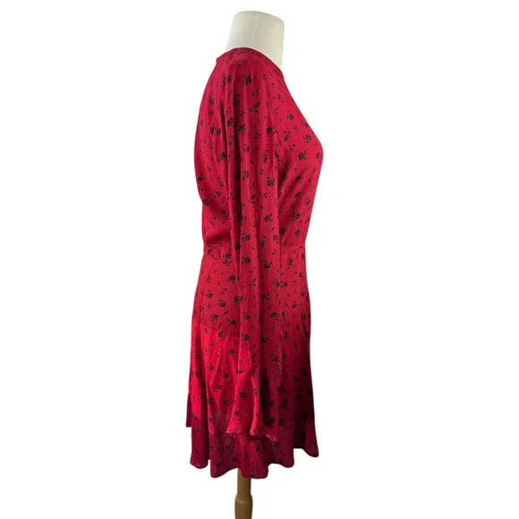 Reformation Red & Black Floral Print Mini Dress Bell Sleeve Ruffle Women's Large - Picture 11 of 16